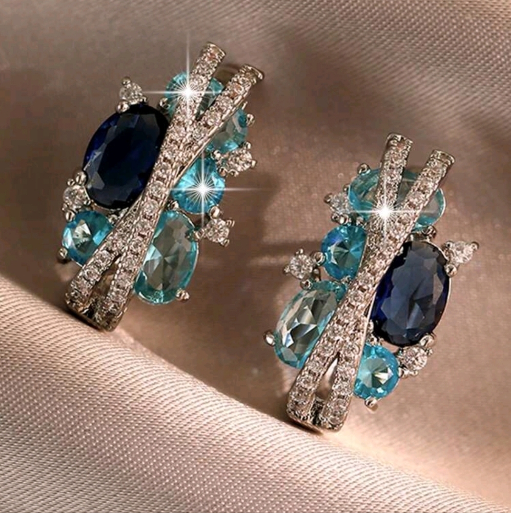 925 Sterling-Silver and Blue Cubic Zirconia Paved Fashion Earring | Minimalist